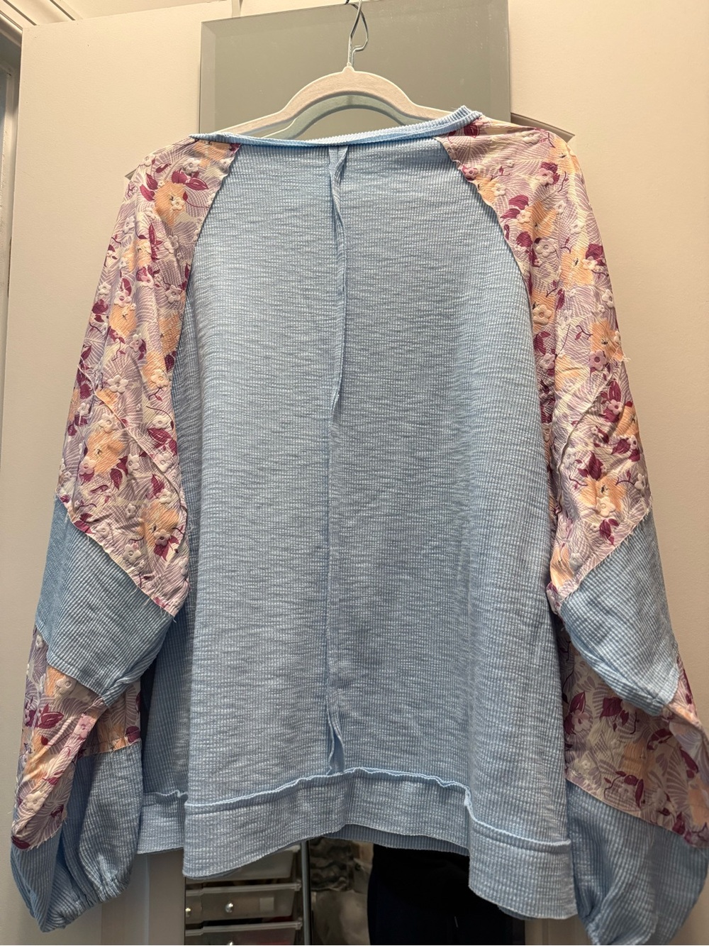 POL Light Blue Waffle Knit Top with Floral Raglan Sleeves - Picture 4 of 4